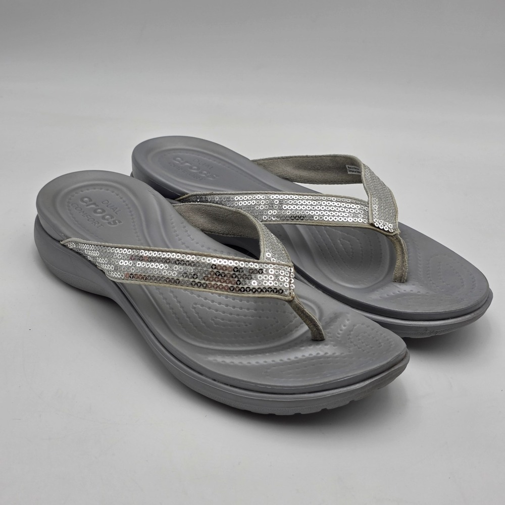 Crocs Womens Size 10 Capri V Sandals Shoes Silver Sequin Thong Flip Flop